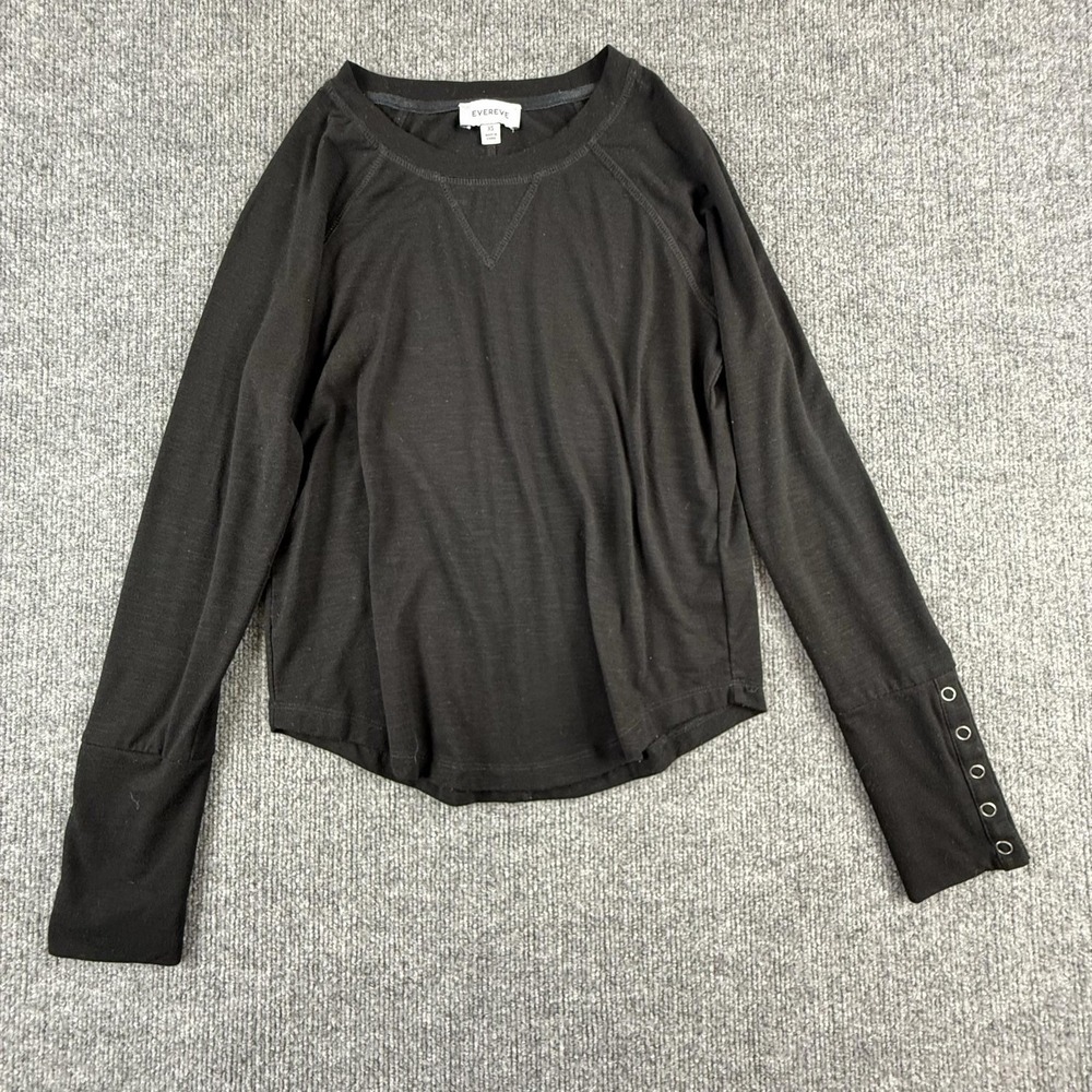 Evereve Shirt Womens XS Black Crew Neck Long Sleeve Grommet Cuff Jersey Top